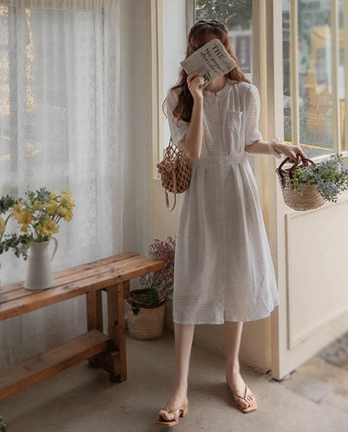 leelin-[킨로즈 썸머텐션 레이스 쥬얼버튼 허리밴딩 원피스[size:F(55~66)]]♡韓國女裝連身裙