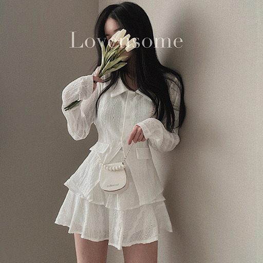 lovensome-[허리끈O/여리set!] 펀칭 프릴 블라우스 캉캉 미니스커트 투피스 세트 2color♡韓國女裝套裝
