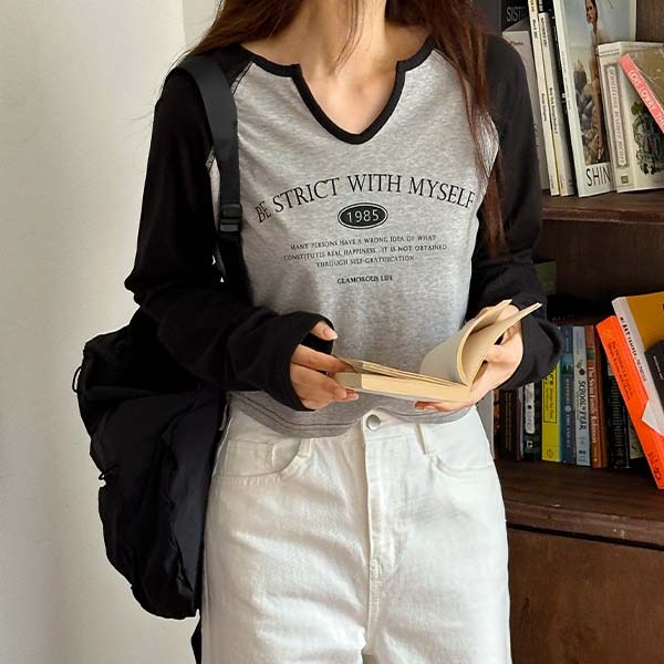 realcoco - [10%할인/봄티셔츠] 마이셀 배색 긴팔 티셔츠 - 3 Color (나그랑/레터링/크롭)♡韓國女裝上衣