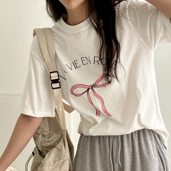 realcoco - [봄티셔츠] 헤빈 리본 반팔 티셔츠 - 4 Color (이너티/라운드/프린팅)♡韓國女裝上衣