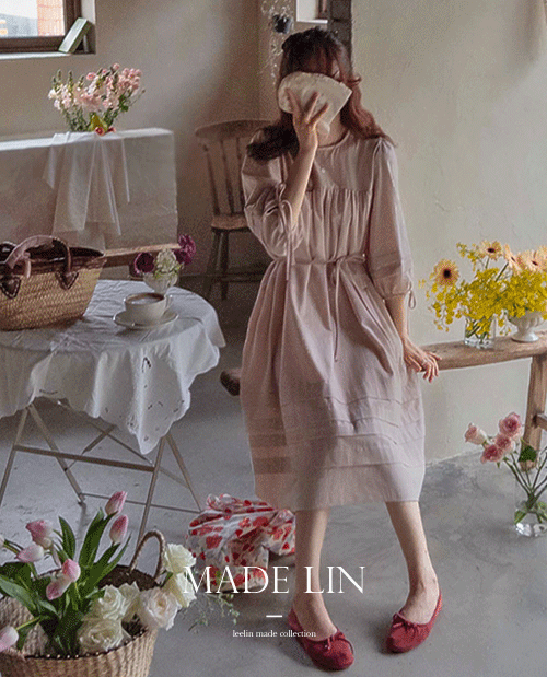 leelin - [[신상특가 1만원  할인]MADE LIN슈제니아 앤리본 가로핀탁 봄엣지 원피스[size:F(55~66)]]♡韓國女裝連身裙