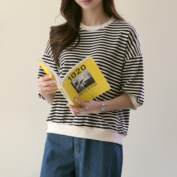 DailyN - 솔라 여성 루즈핏 코튼 쭈리 스트라이프 단가라 7부 맨투맨 티셔츠 봄 여름 가을♡韓國女裝上衣